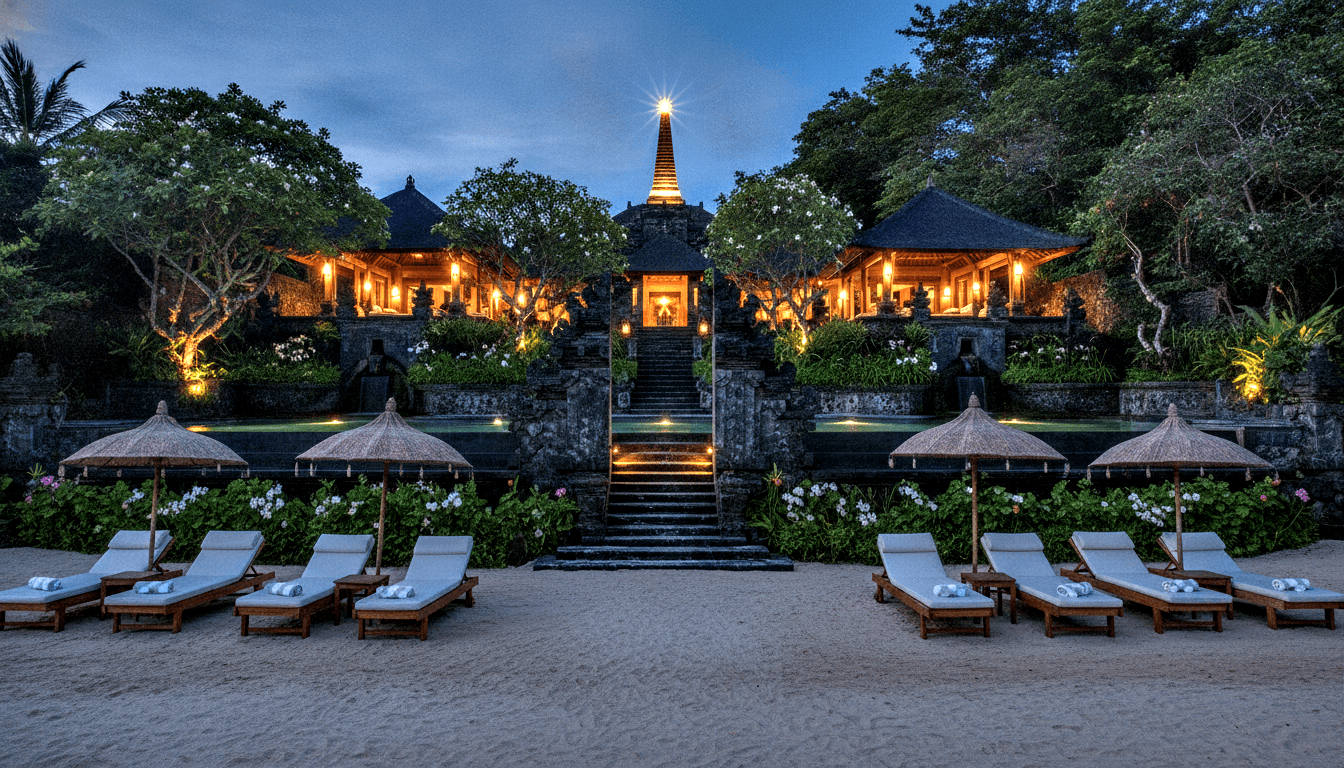 Eight wooden sun loungers on sand lead up stone staircases through tiered thatched pavilions to a golden stupa glowing against dusk sky.