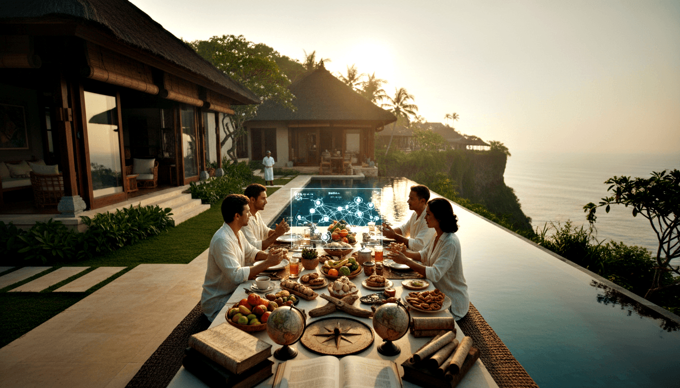 White-clad people at clifftop table with holographic network diagram above, beside infinity pool merging with ocean at sunset.