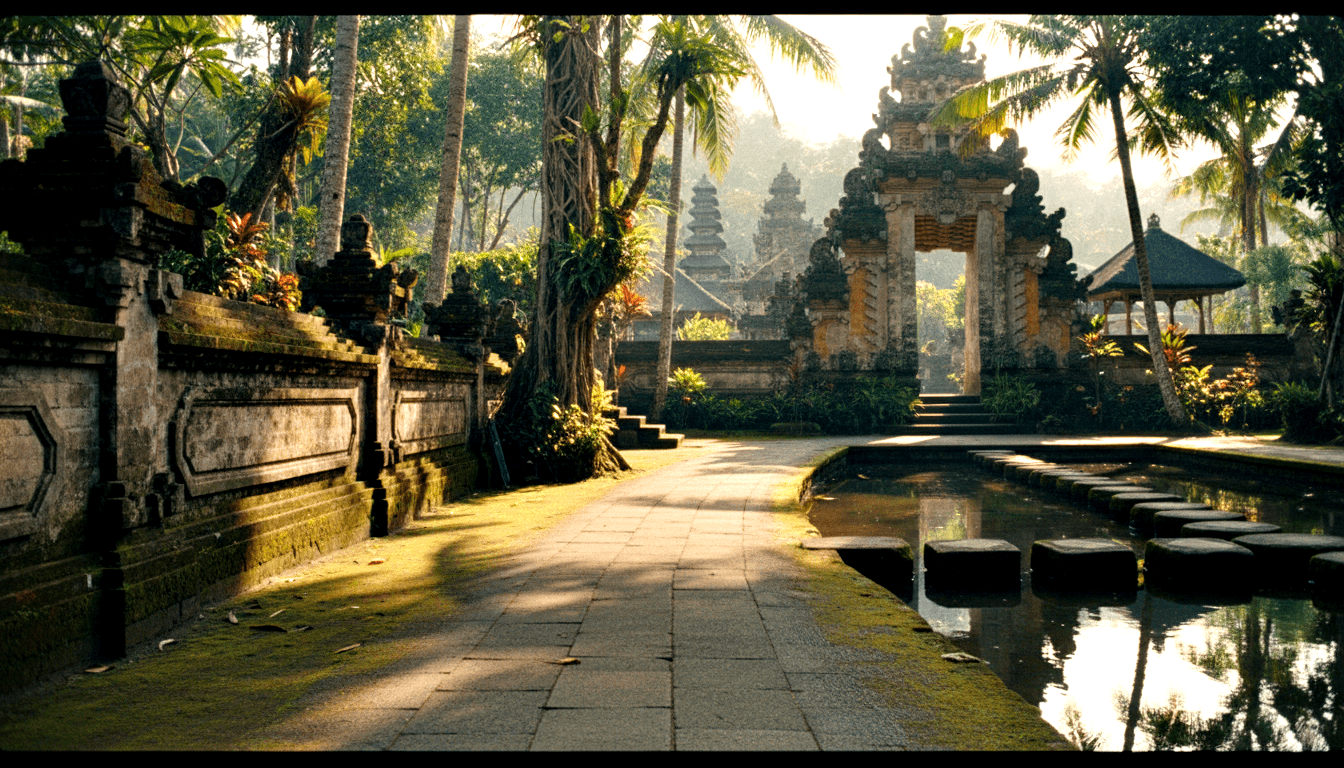Split stone gateway with carved brick-red and grey relief leads to a multi-tiered pagoda amid palms, with a reflective pool on the right.