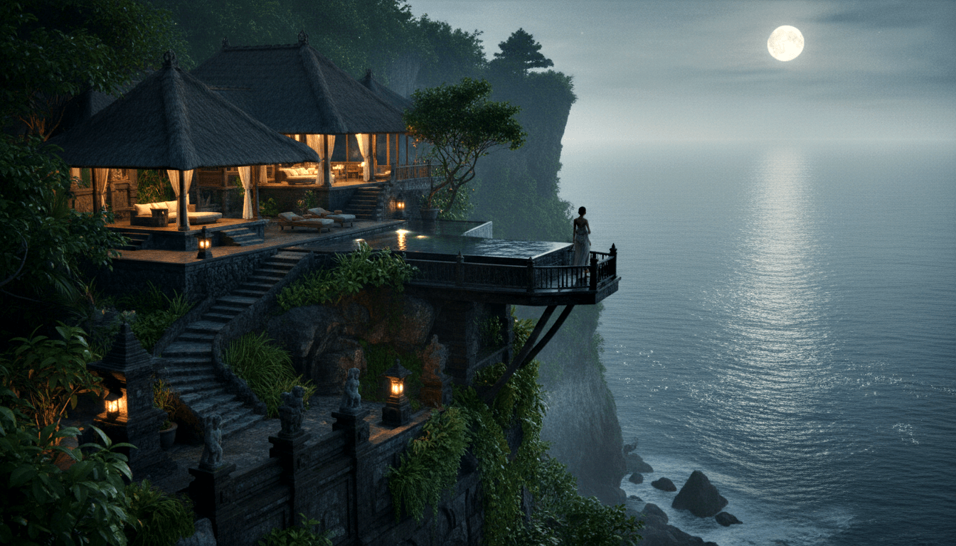 CGI cliff-side villa with thatched pavilions at night; woman in long gown stands on cantilevered platform overlooking moonlit ocean.