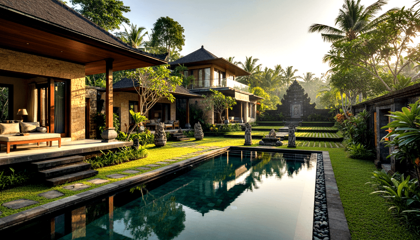 Dark reflective pool flanked by stone guardian statues and lawn; raised wooden lounge platform and two-story villa under golden light.