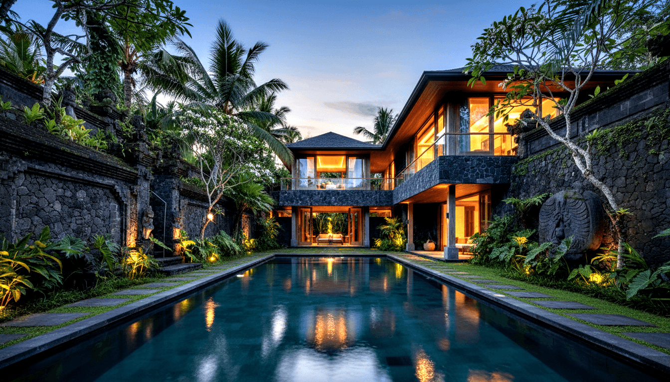 Contemporary villa at dusk; lap pool reflects amber light from glass interior, flanked by dark volcanic stone walls and tropical palms.