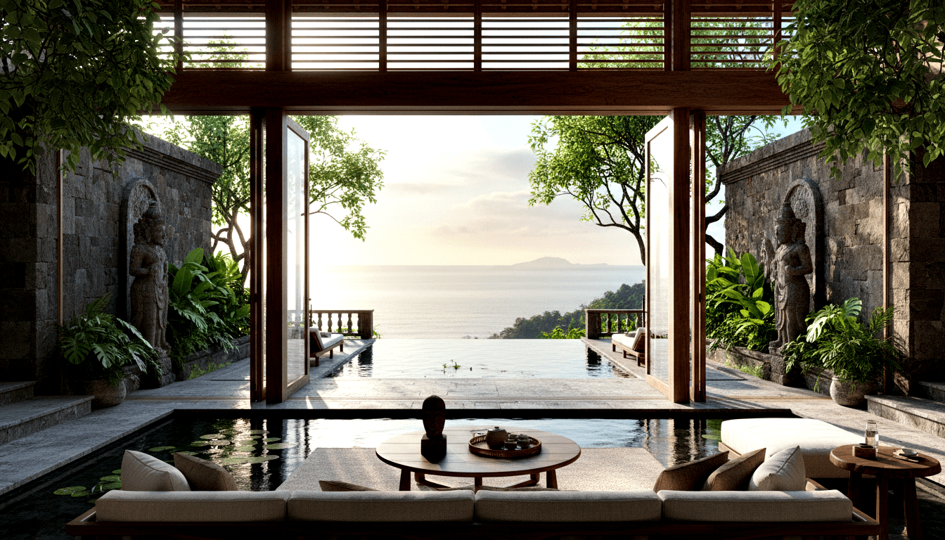 CGI living space: white sofas, lily pad reflecting pool, guardian statues, infinity pool framing jungle coastline and ocean.