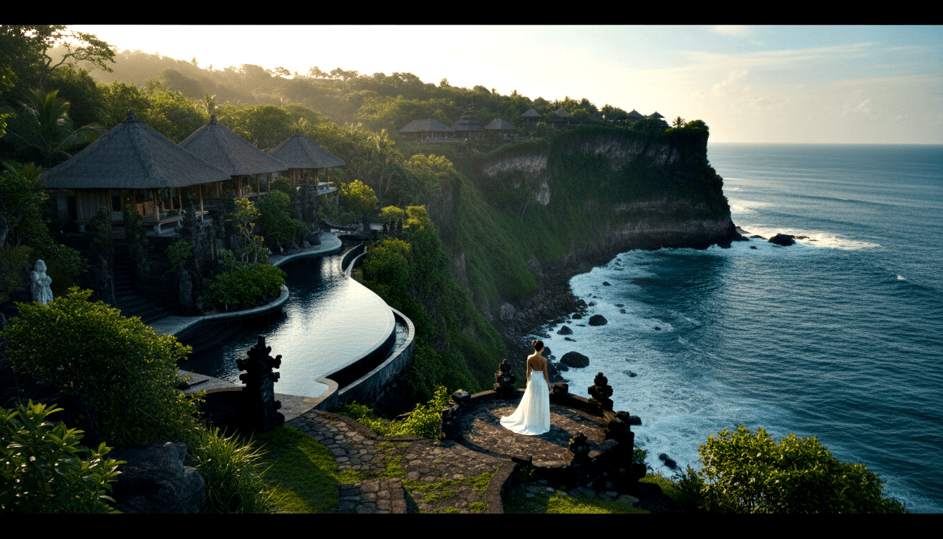 Woman in long white gown stands back-to-viewer on stone platform at clifftop complex, gazing toward ocean with thatched pavilions and pool below.