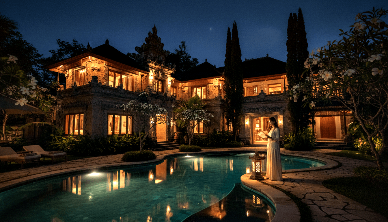 Stone villa at night with amber-lit facade, teal freeform pool, and woman in white gown standing at pool's edge.