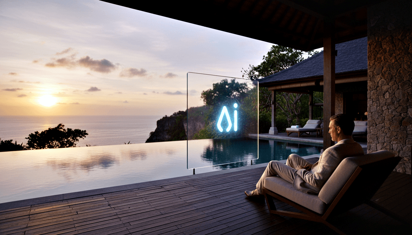 Man in beige linen reclines in wooden lounge chair on terrace with infinity pool, ocean horizon, and glowing cyan symbol on glass panel.