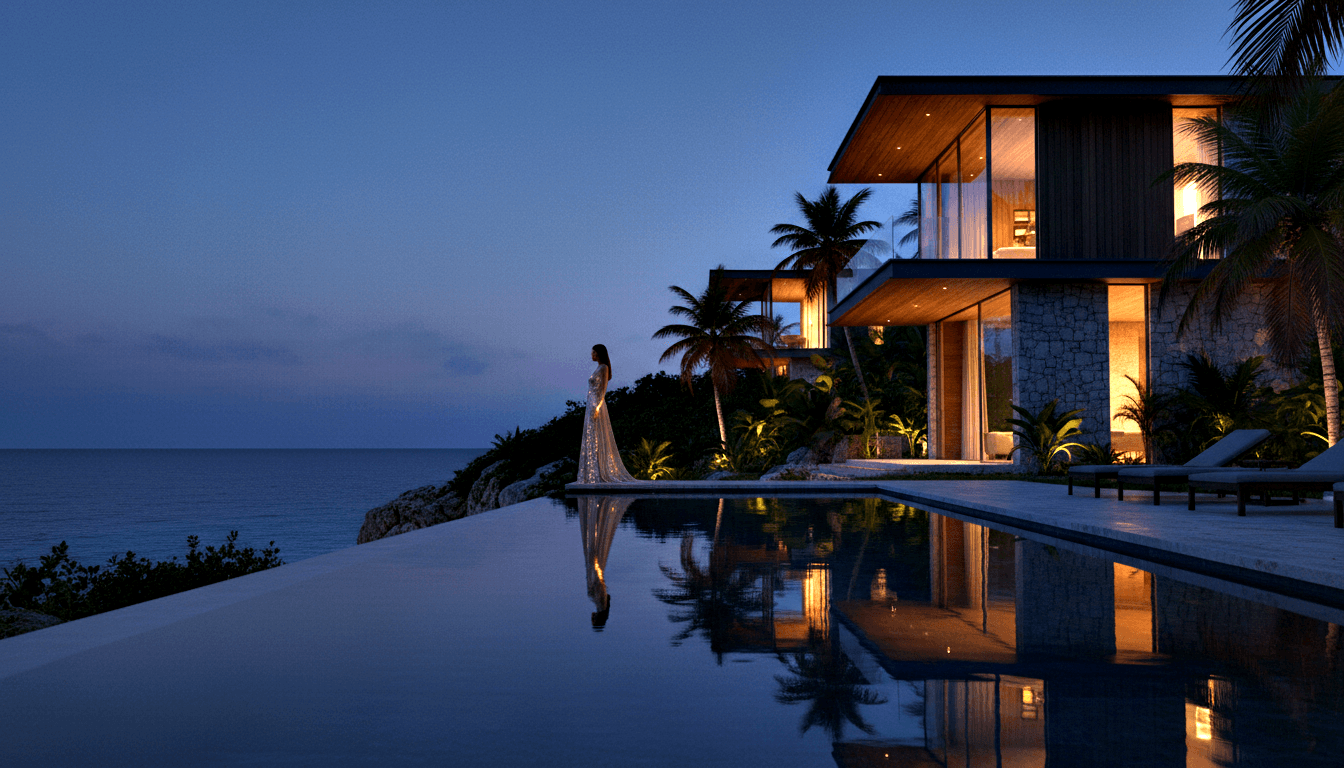 Coastal cliff villa at twilight; infinity pool reflects amber light; woman in white gown stands silhouetted at pool's edge.