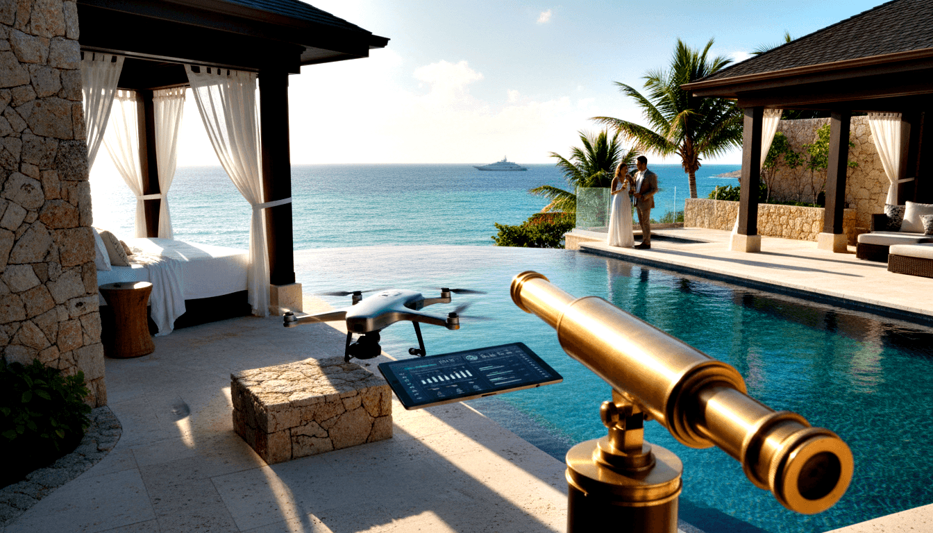 Stone terrace with turquoise infinity pool, ocean, and distant yacht; brass telescope, drone, and tablet in foreground; two figures at pool edge.