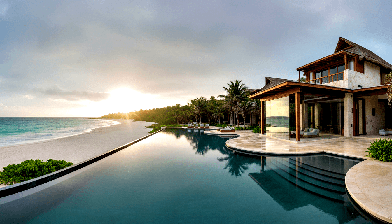 Two-story stone villa with pergola and thatched roof beside a travertine deck and infinity pool merging with turquoise ocean at golden sunset.