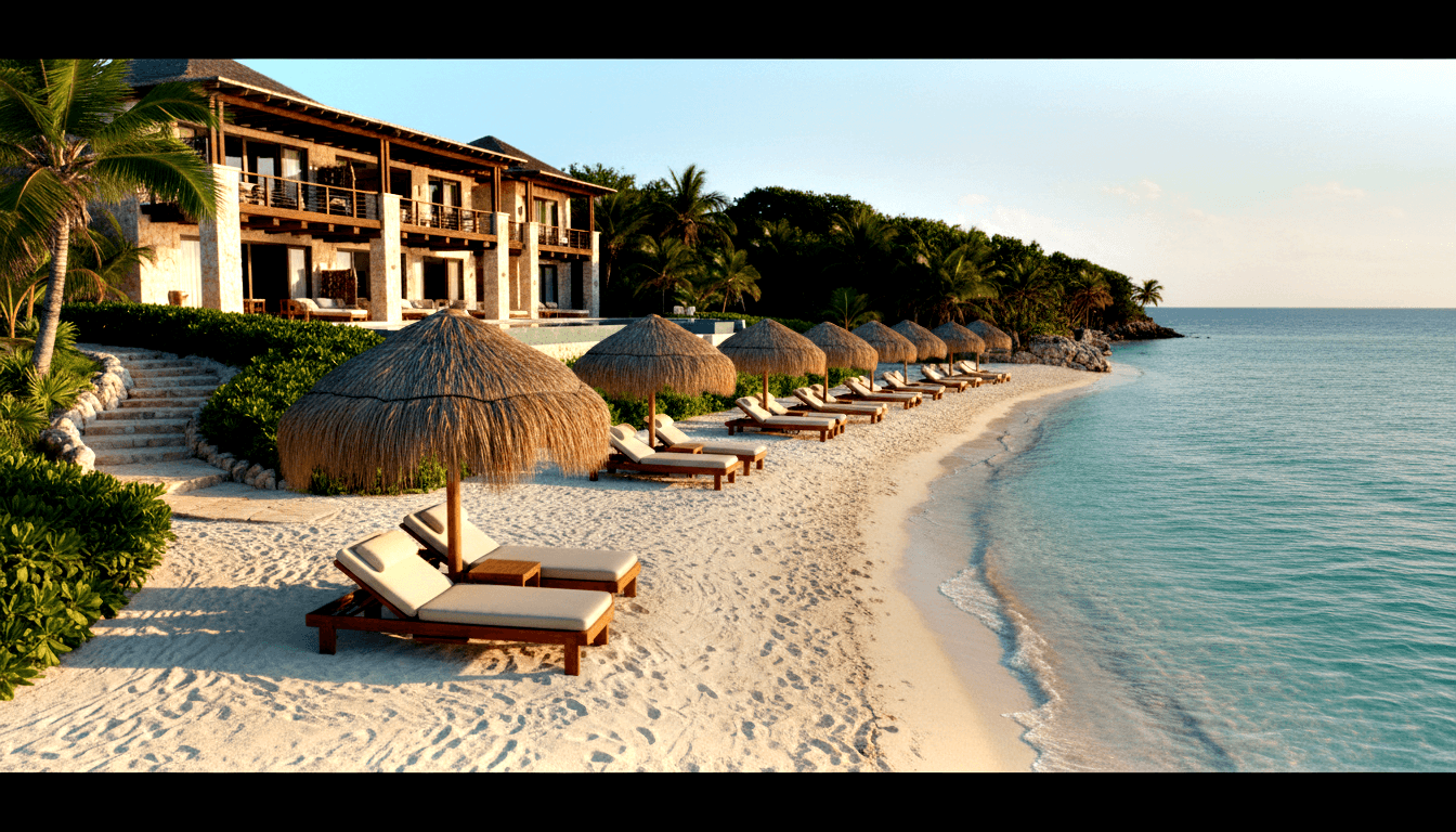 White-sand beach with cushioned loungers under palapa umbrellas, turquoise water, and a white villa with columns amid tropical palms.