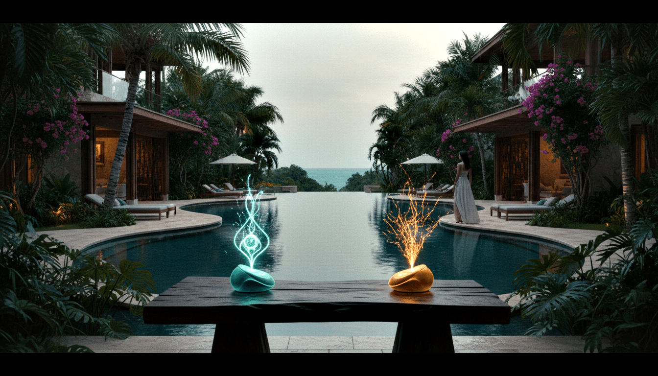 CGI infinity pool flanked by villas and palms at dusk; glowing cyan and amber pods on table; woman in white dress faces ocean.