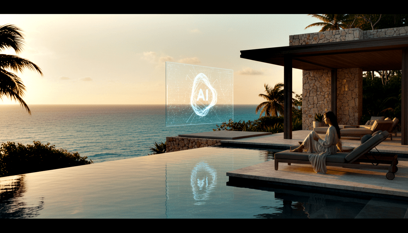 CGI villa terrace with infinity pool and ocean; woman on daybed holds beverage while facing a holographic AI panel hovering over the water.