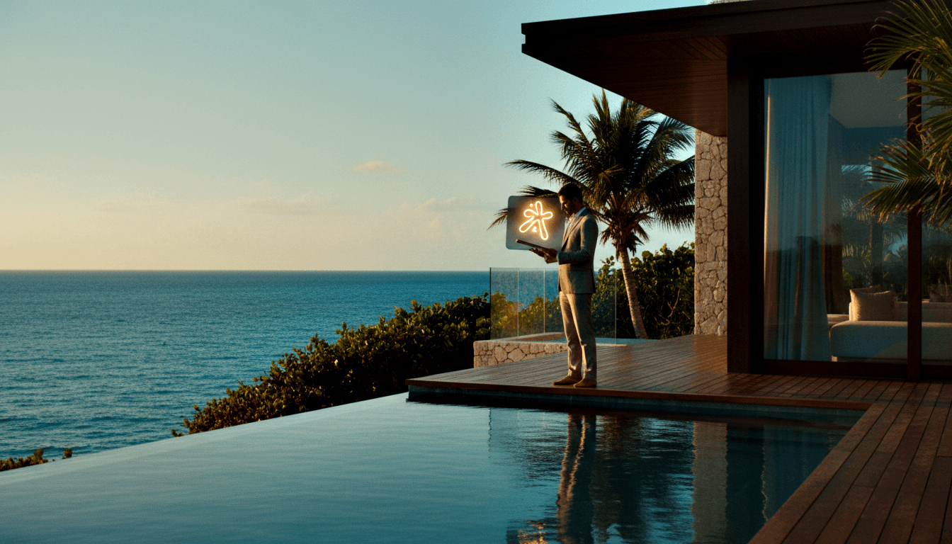 Man in gray suit on wooden terrace holding a laptop showing an amber neon asterisk, beside an infinity pool with ocean view at golden hour.