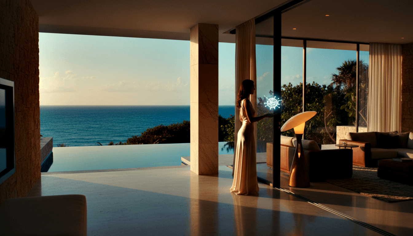 Woman in cream floor-length gown faces a glowing blue-white geometric molecular light orb in a marble-columned interior with ocean view.