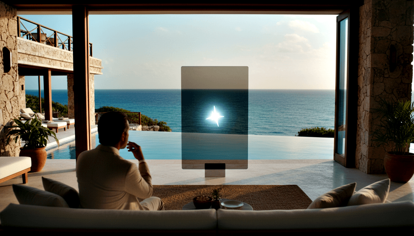 Man on cream sofa faces glowing vertical display; glass doors open to infinity pool, tropical ocean horizon, golden-hour light.