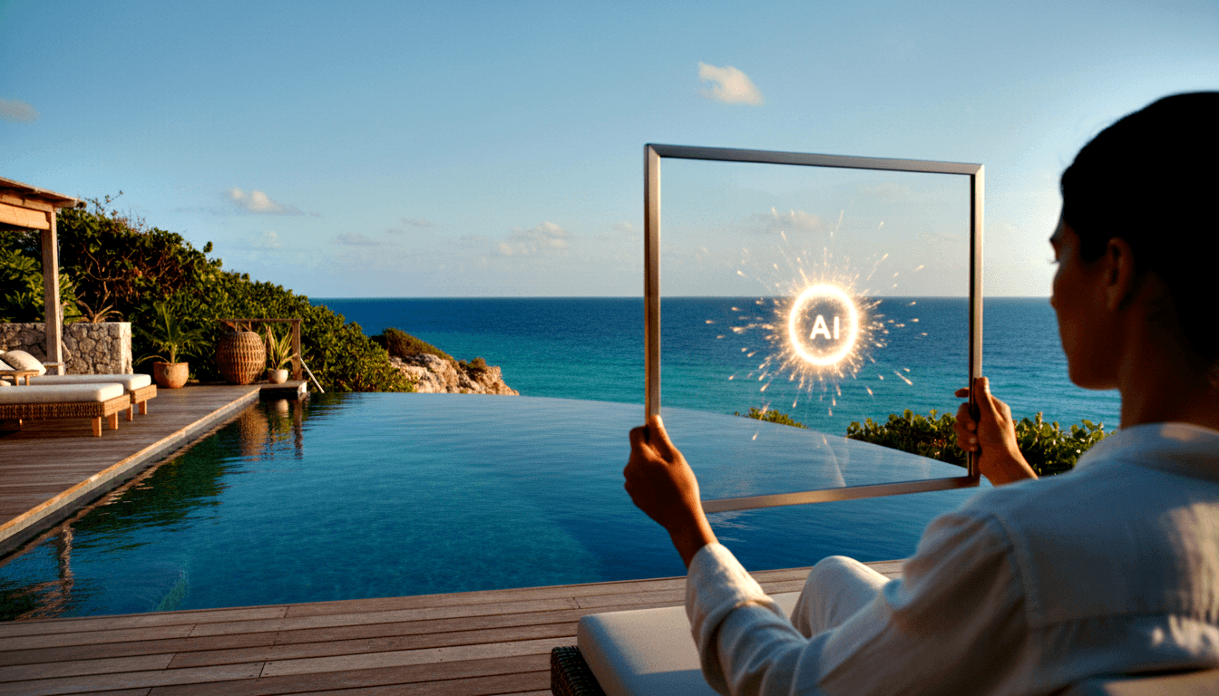 Person from behind holding silver frame with glowing AI emblem over infinity pool meeting open ocean at golden hour.