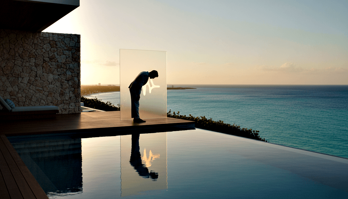 Silhouetted figure leans over glowing panel on deck beside infinity pool reflecting turquoise sea at golden hour.