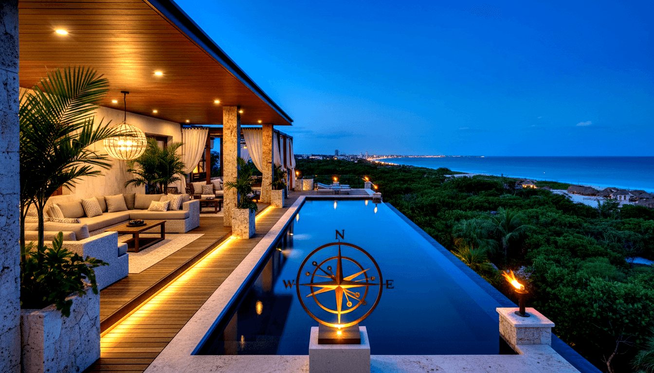 Covered terrace at twilight with infinity pool, brass compass rose pedestal, two torches, L-shaped sectional sofa, and panoramic coastline view.