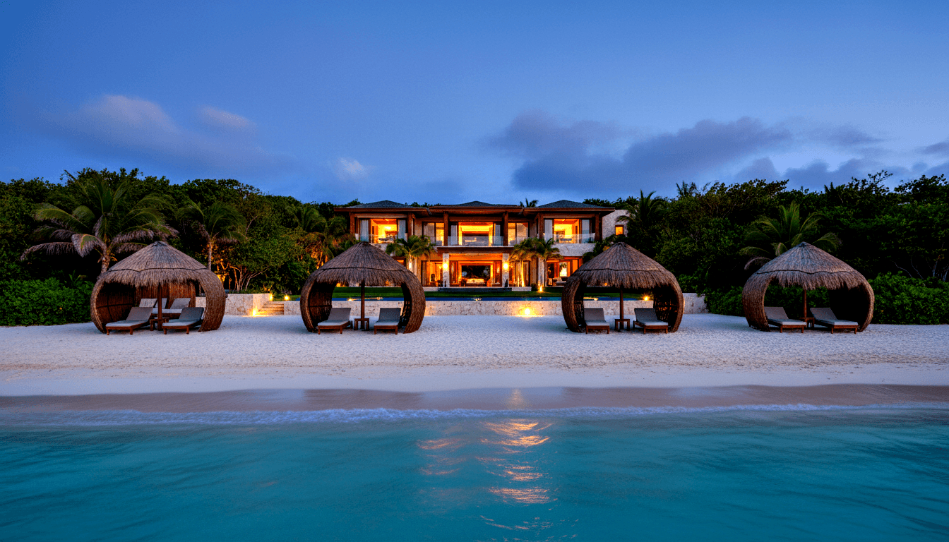 Two-story beachfront villa with amber-glowing glass panels at blue hour, four thatched dome cabanas on white sand, turquoise water in foreground.