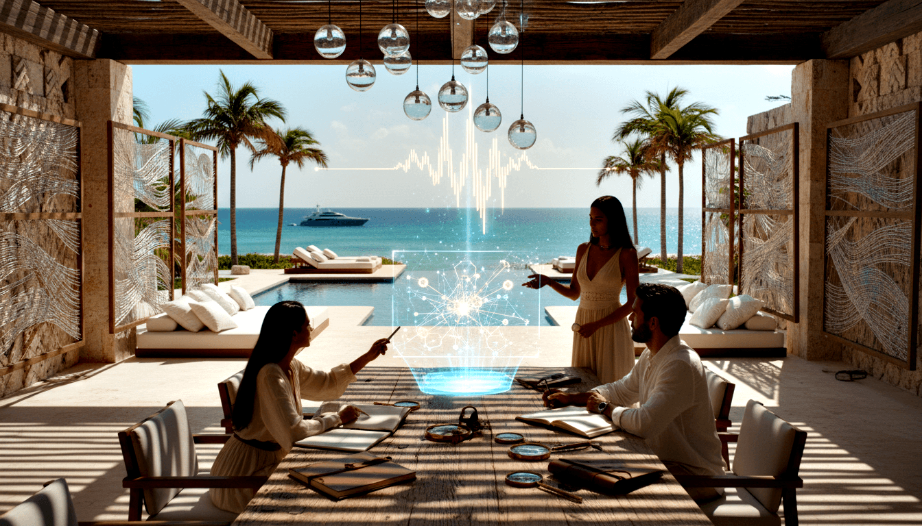 Three people in stone pavilion study blue holographic network diagram; infinity pool, palms, and ocean visible beyond.