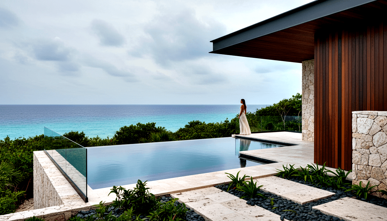 Stone terrace with diagonal infinity pool and glass railings overlooking the ocean, woman in white dress standing at far end.