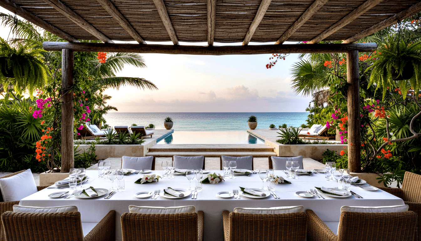 Dining table with white linen and orchid centerpieces under thatched pergola, pool and turquoise ocean at dusk beyond.