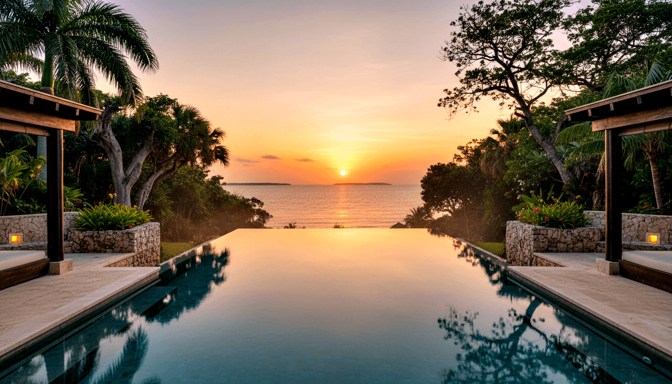 Symmetrical infinity-edge pool with teal water reflecting amber sunset, flanked by wooden pergolas with daybeds and tropical plants.