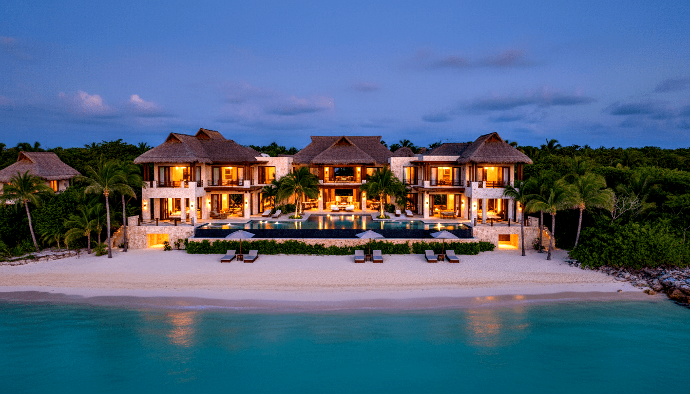 Multi-wing beachfront villa at blue hour with glowing amber interiors, long pool, sun loungers, and turquoise water beyond white sand.