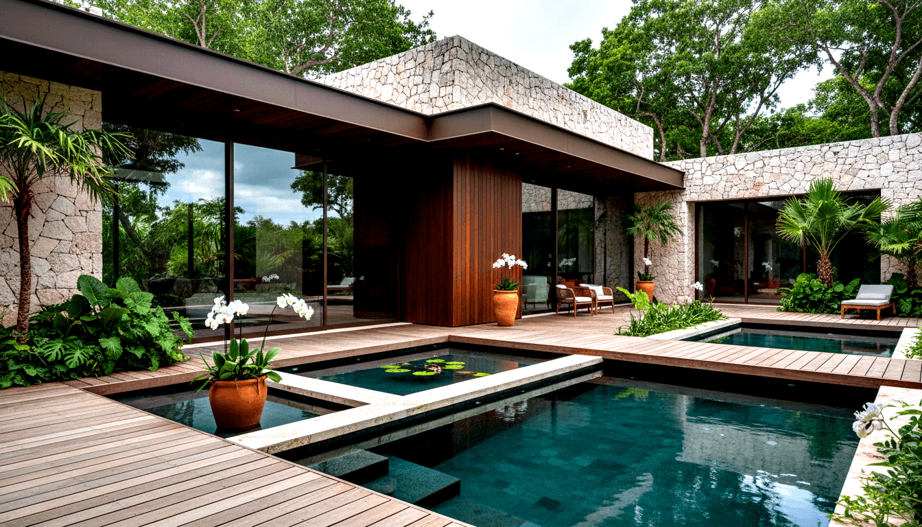 Single-story stone and glass home with wood cladding, reflecting pool with lily pads, orchid pots on hardwood deck.