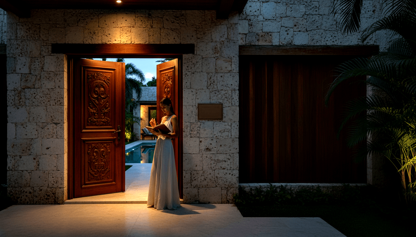 Woman in white sleeveless maxi dress reads a book in a carved mahogany doorway, with a lit courtyard pool and palms visible beyond.