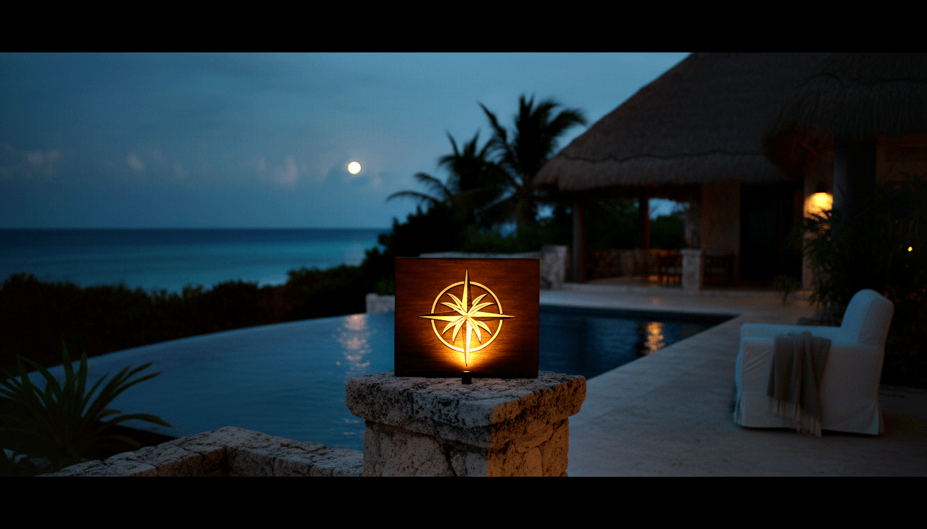 Amber-glowing carved wooden lantern on stone pillar with compass rose and palm tree cut-outs, beside infinity pool at twilight.