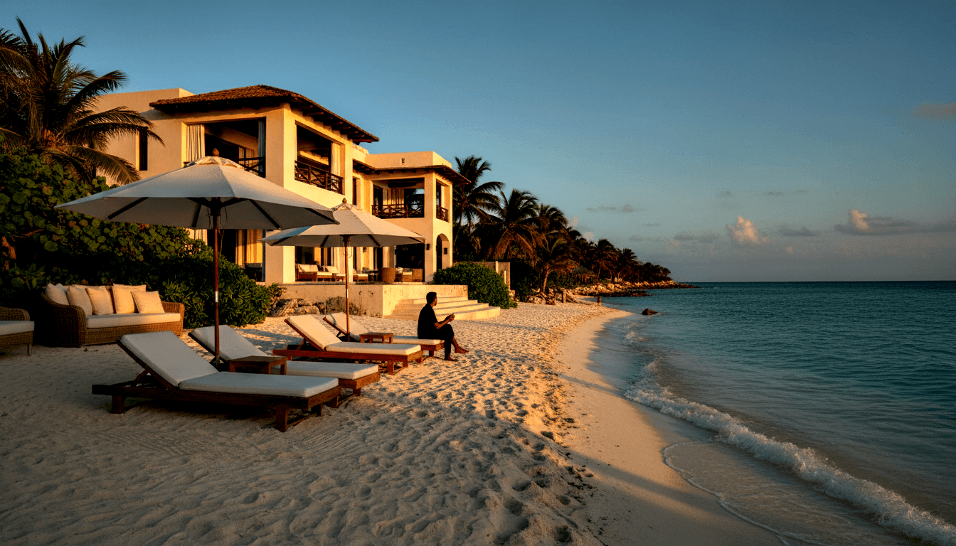Two-story villa with balconies on a white-sand beach at sunset, with white patio umbrellas, wooden sun loungers, and calm turquoise water.