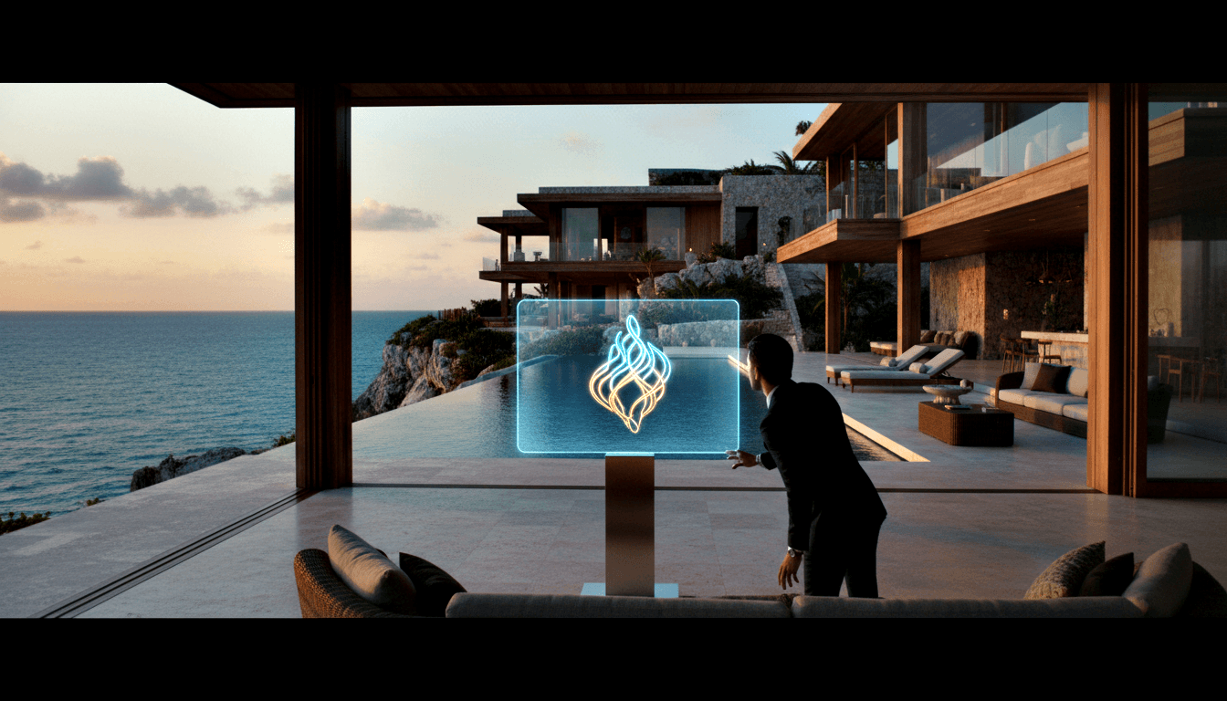Man in dark suit touching a glowing holographic display on a metallic pedestal, with an infinity pool and ocean cliffs under a dusk sky.