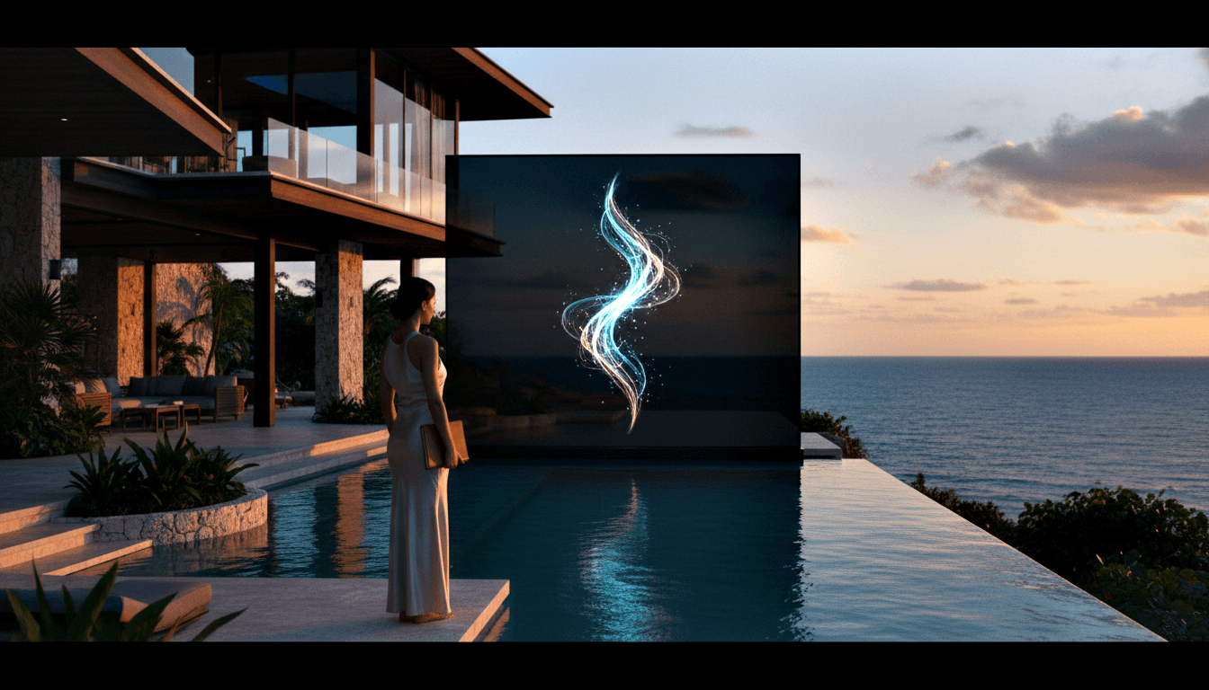 Woman in white gown at infinity pool edge at dusk, holding tablet facing an outdoor screen displaying a glowing blue-white spiral helix.