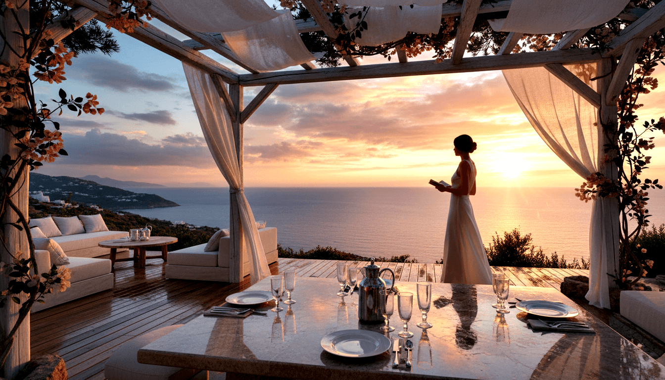 Woman silhouetted at pergola edge gazing at ocean sunset; marble table set with crystal stemware and silver carafe in foreground.