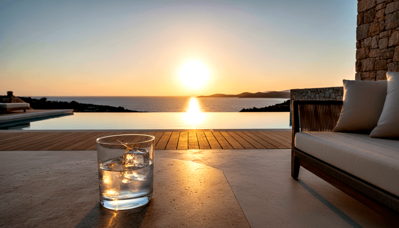 Rocks glass with ice on stone surface; infinity pool merges with sea under orange sunset sky; cream sofa on teak decking.