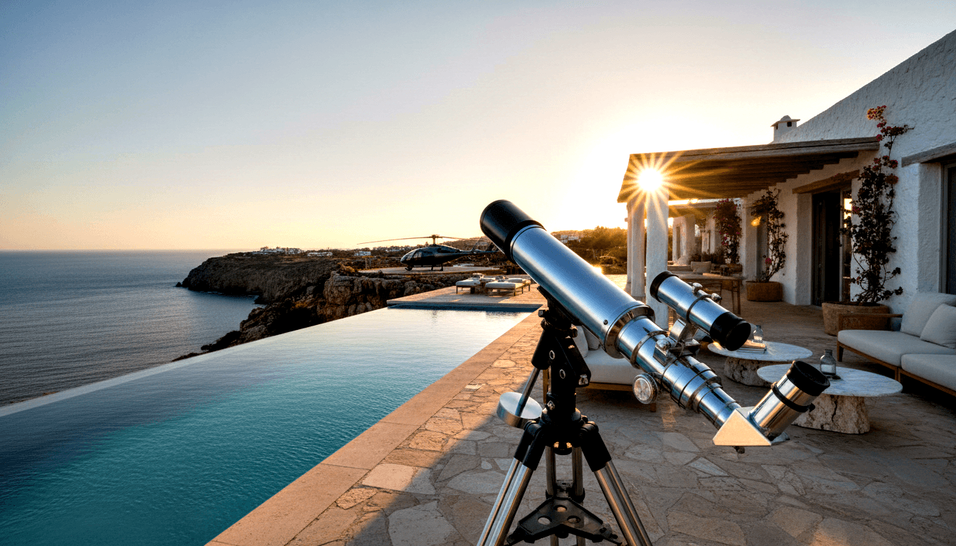 Clifftop villa terrace with two telescopes on tripods beside an infinity pool at golden hour, helicopter on pad in background.