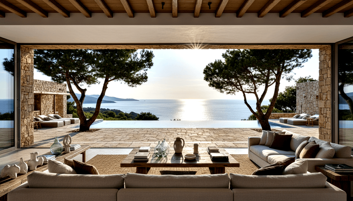 Open-plan interior with two neutral sofas and wooden beams, opening to a stone terrace, infinity pool merging with calm pale-blue sea.