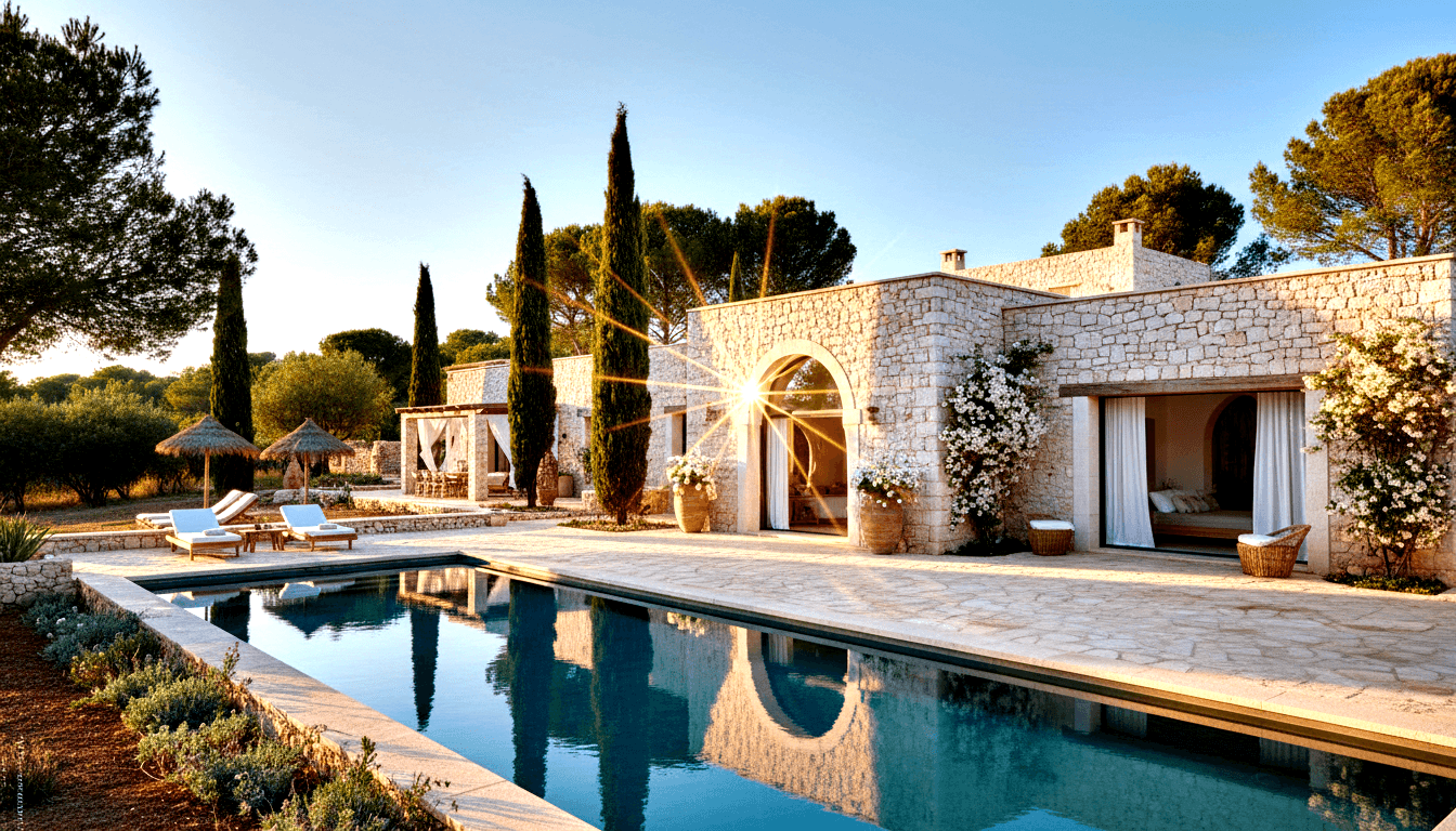 Golden limestone villa with arched doorways beside rectangular blue pool, travertine deck, wooden loungers, thatched parasols, cypress trees.