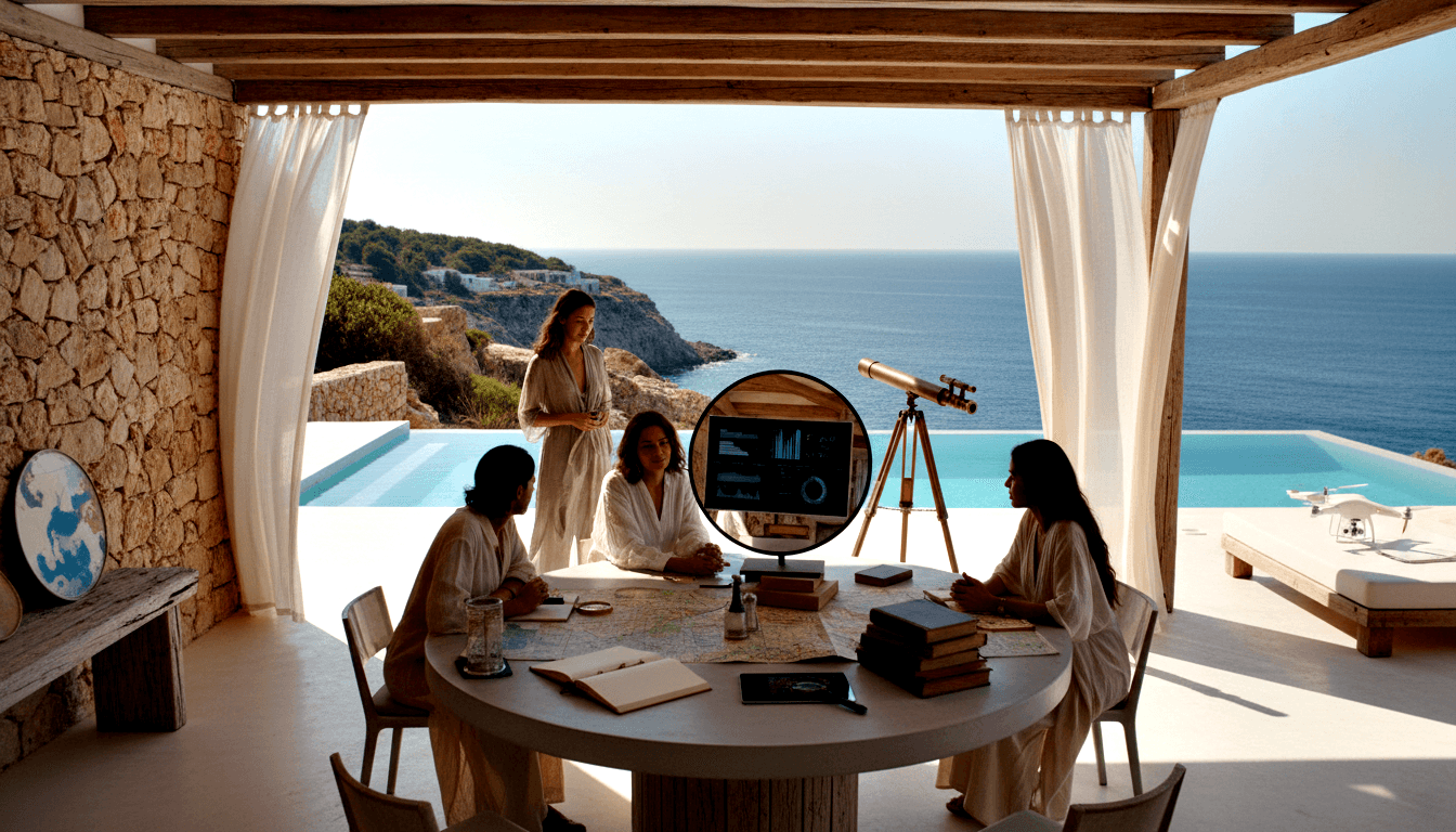 Four women in white under stone pergola; three review maps/tablet at table with monitor & telescope; one stands by infinity pool over cliffs.