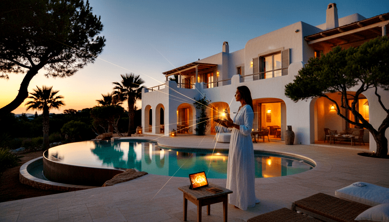 Woman in white dress stands poolside at dusk holding glowing object, beside turquoise pool with white-stucco villa in background.