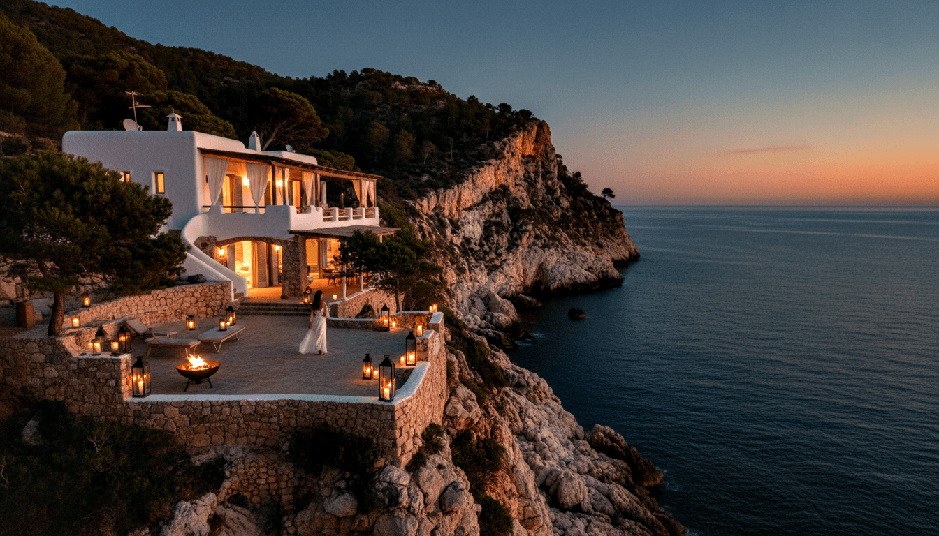 White villa on limestone cliffs above deep-blue sea at twilight; terrace lit by lanterns and fire bowl, woman in white gown nearby.
