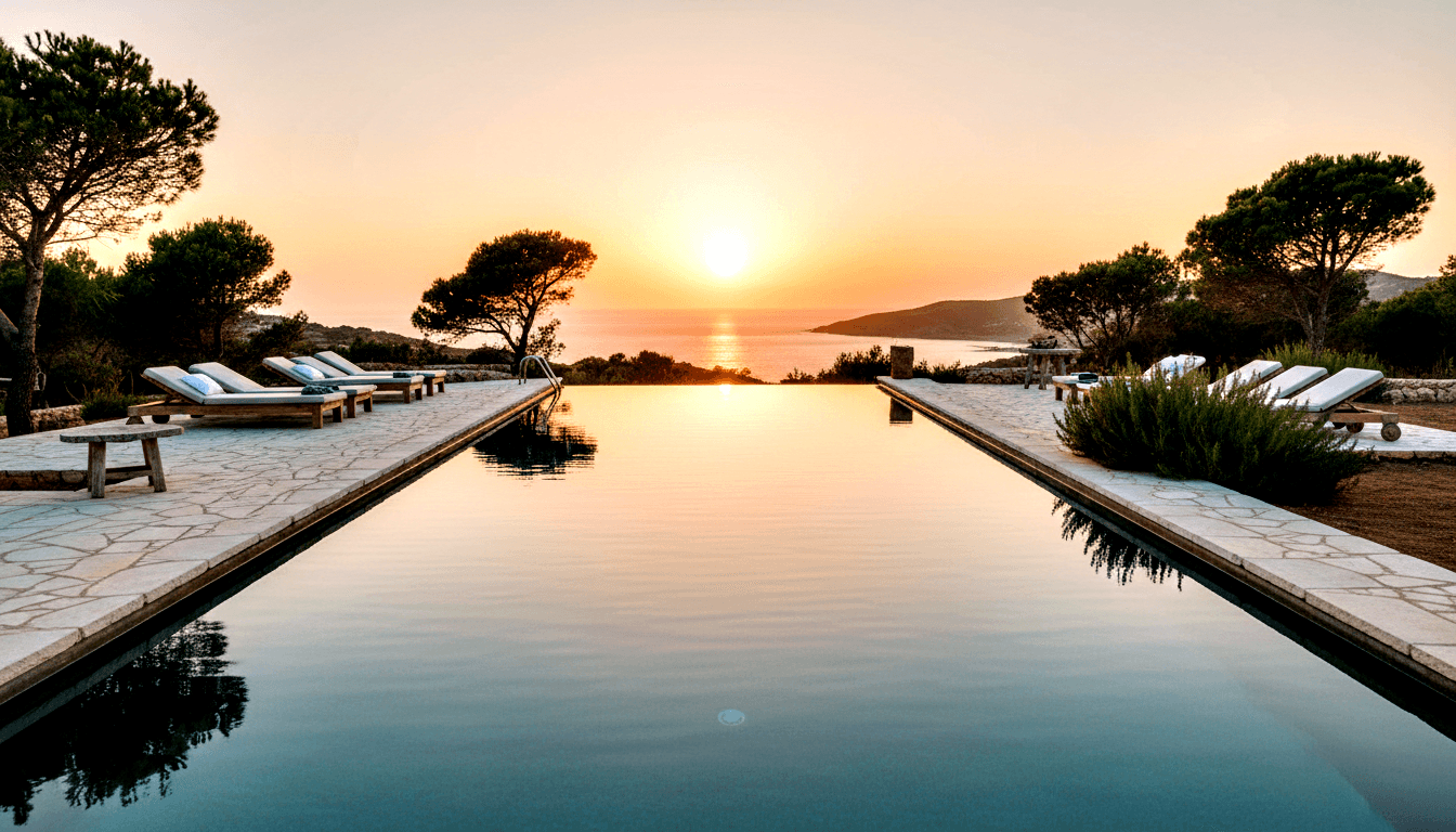 Infinity pool with dark teal water reflecting a golden-orange sunset, flanked by umbrella pines, with wooden loungers on a stone terrace.
