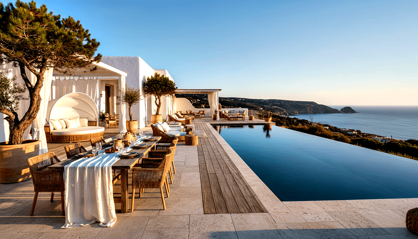 Clifftop terrace with dining table, wicker chairs, infinity pool merging with coastal sea, rattan daybeds under white draped pergolas.