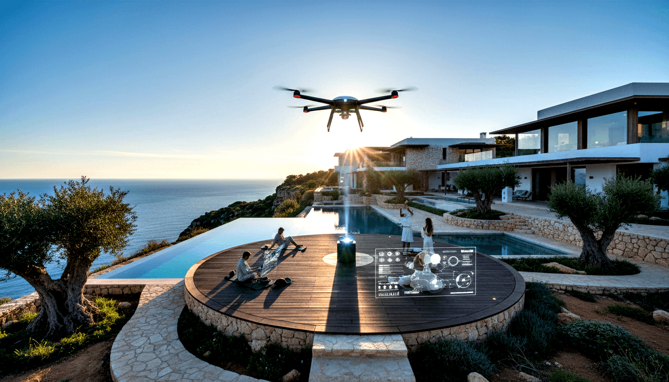 Hexacopter drone with red-tipped rotors hovers over circular wooden deck at clifftop villa where three adults stand near infinity pool.