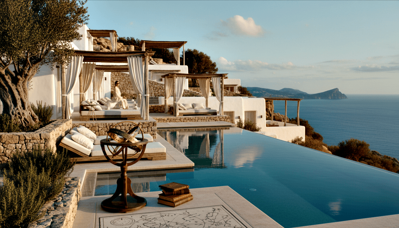 Terraced cliffside villa with white walls, infinity pool, and brass armillary sphere on wooden stand beside leather-bound books on stone floor.
