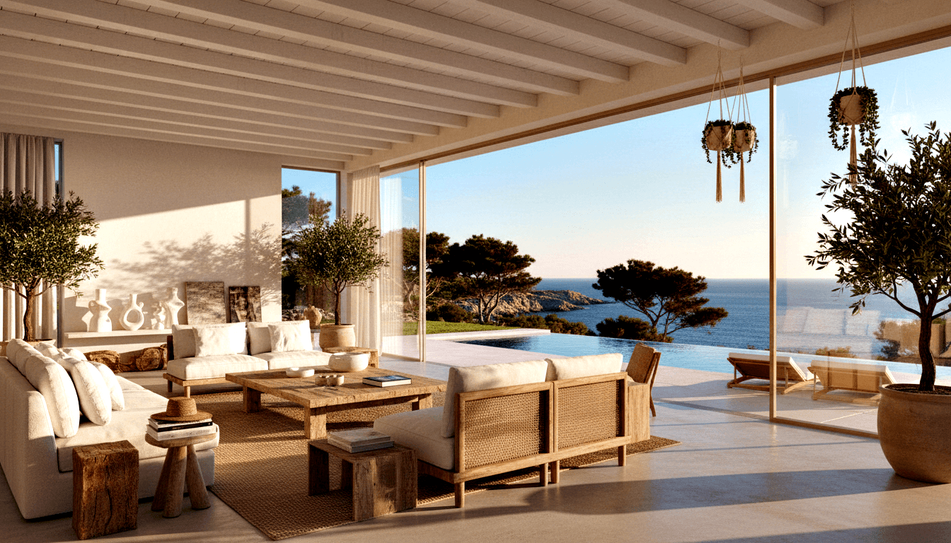 Open-plan living room with white L-shaped sofa, rattan chairs, and woven rug opening to terrace with infinity pool and rocky coastline.