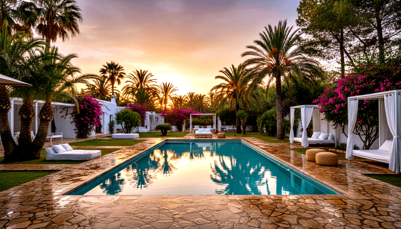 Turquoise rectangular pool at golden-hour flanked by white daybeds, fabric canopies, and wicker ottomans on sandy stone paving.