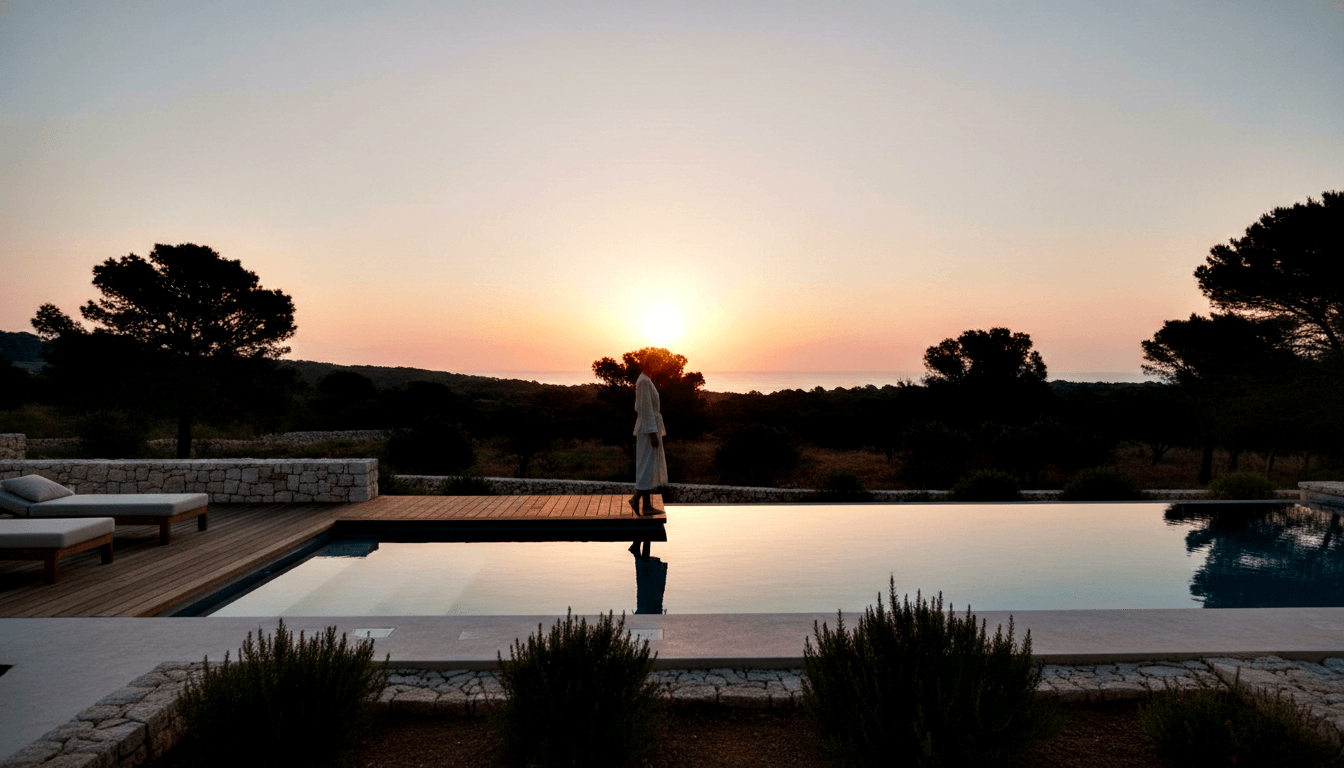 Silhouetted robed figure stands at infinity pool edge on wooden deck, facing a sunset casting orange and gold across sky and still water.