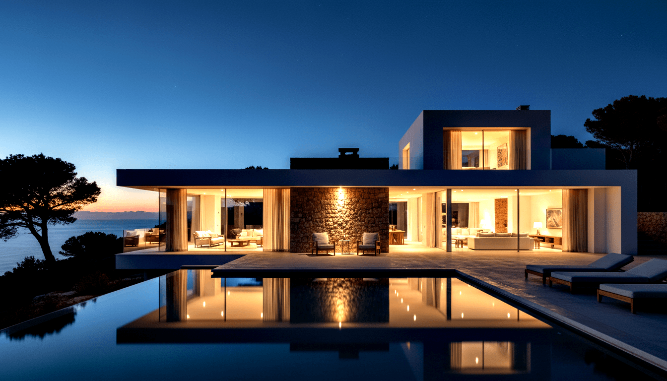 Flat-roofed villa with glass walls at twilight, amber interior light reflecting in a foreground infinity pool beneath a coral and navy sky.